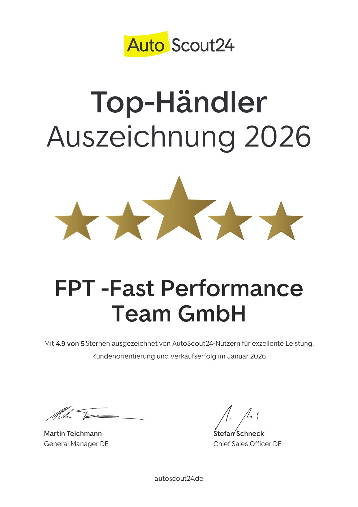AutoScout24 Top-Händler-Auszeichnung 2026 für FPT – Fast Performance Team GmbH: 4,9 von 5 Sternen