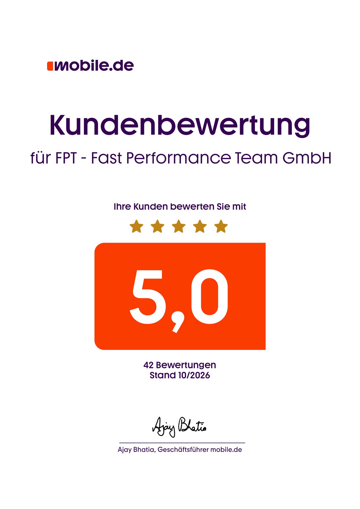 mobile.de-Kundenbewertung für FPT – Fast Performance Team GmbH: 5,0 von 5 Sternen bei 42 Bewertungen, Stand 10/2026