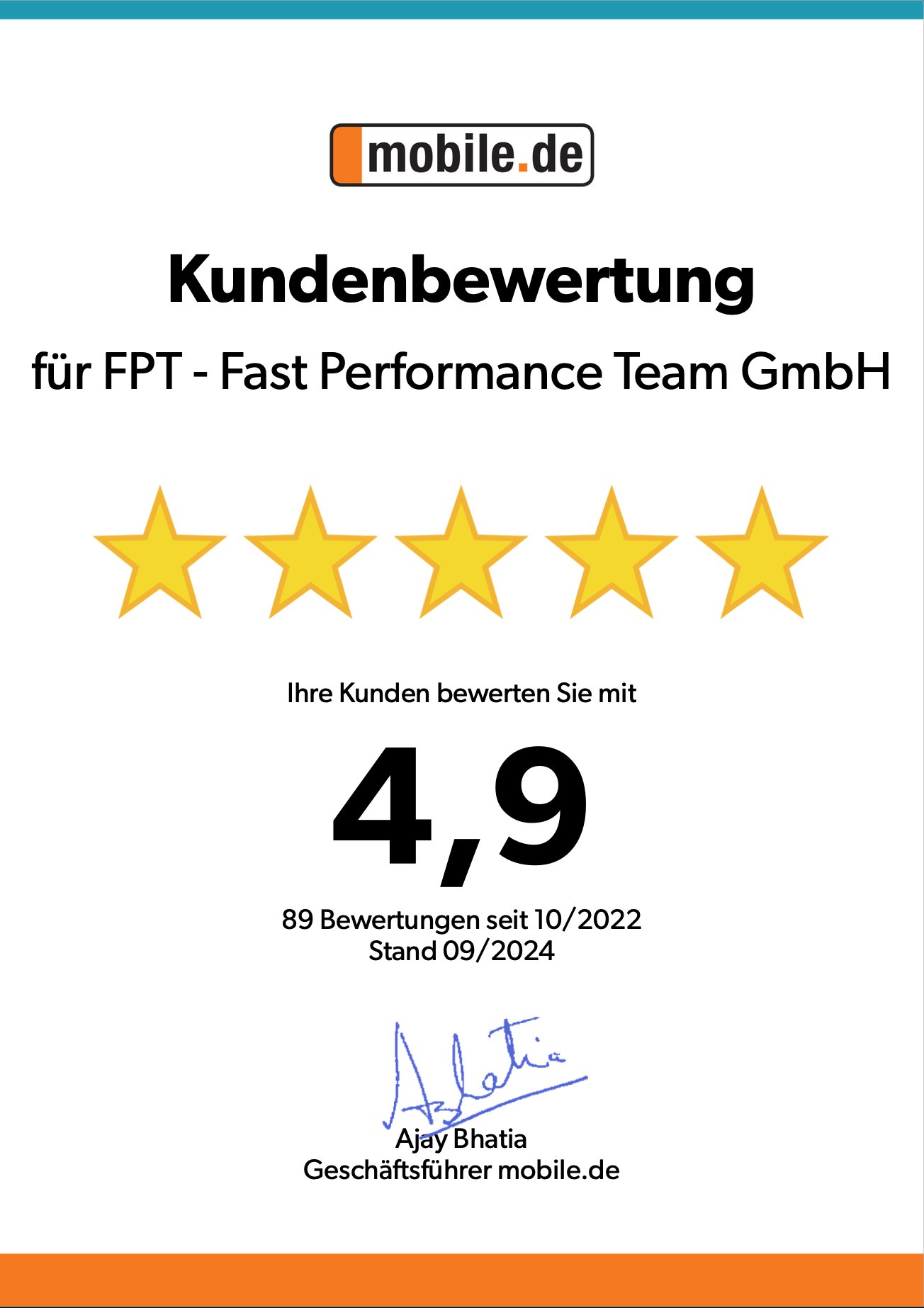 mobile.de-Kundenbewertung für FPT – Fast Performance Team GmbH: 4,9 von 5 Sternen
