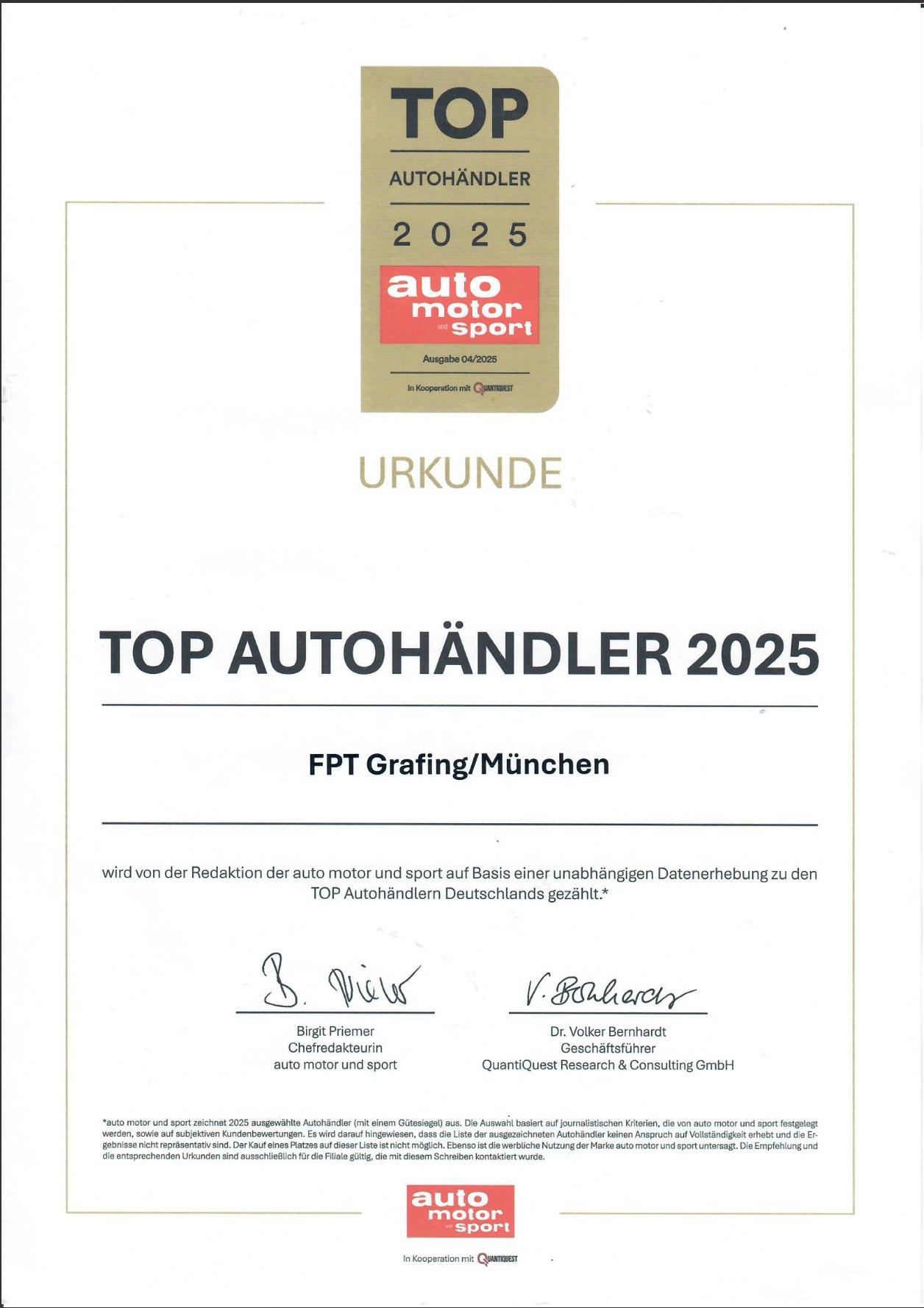 Urkunde „TOP Autohändler 2025“ von auto motor und sport für FPT Grafing/München